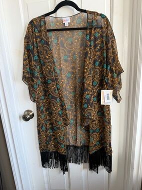 LuLaRoe kimono with Mustard Paisley and Teal Accents
